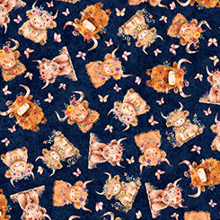Cuties 2 Highland Cows on Navy 31446-N